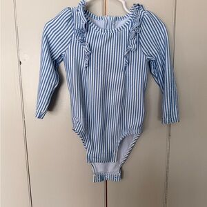 GAP Blue and White Striped Ruffle Long-Sleeve One-Piece